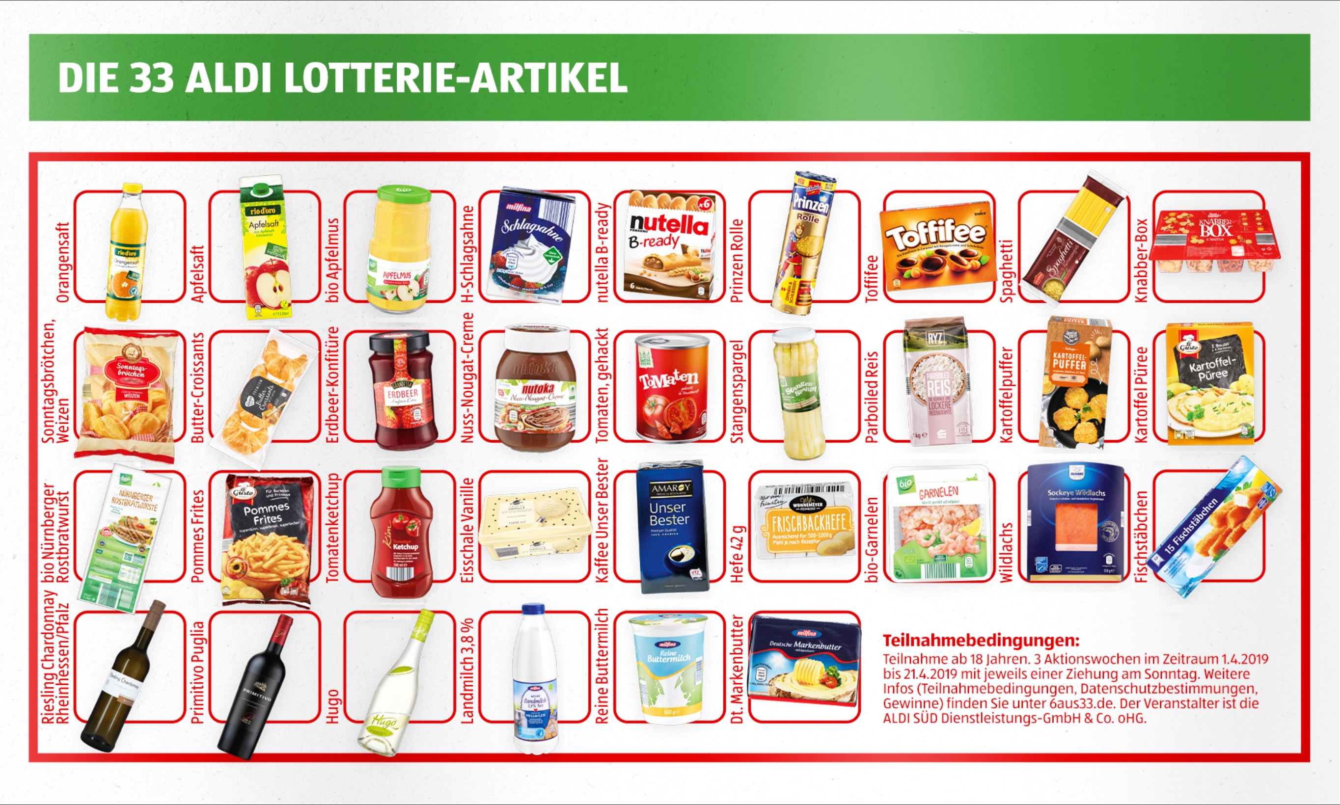 متجر آلدي يعرض على الزبائن الفوز بـ33 ألف يورو عن طريق شراء المنتجات التالية: